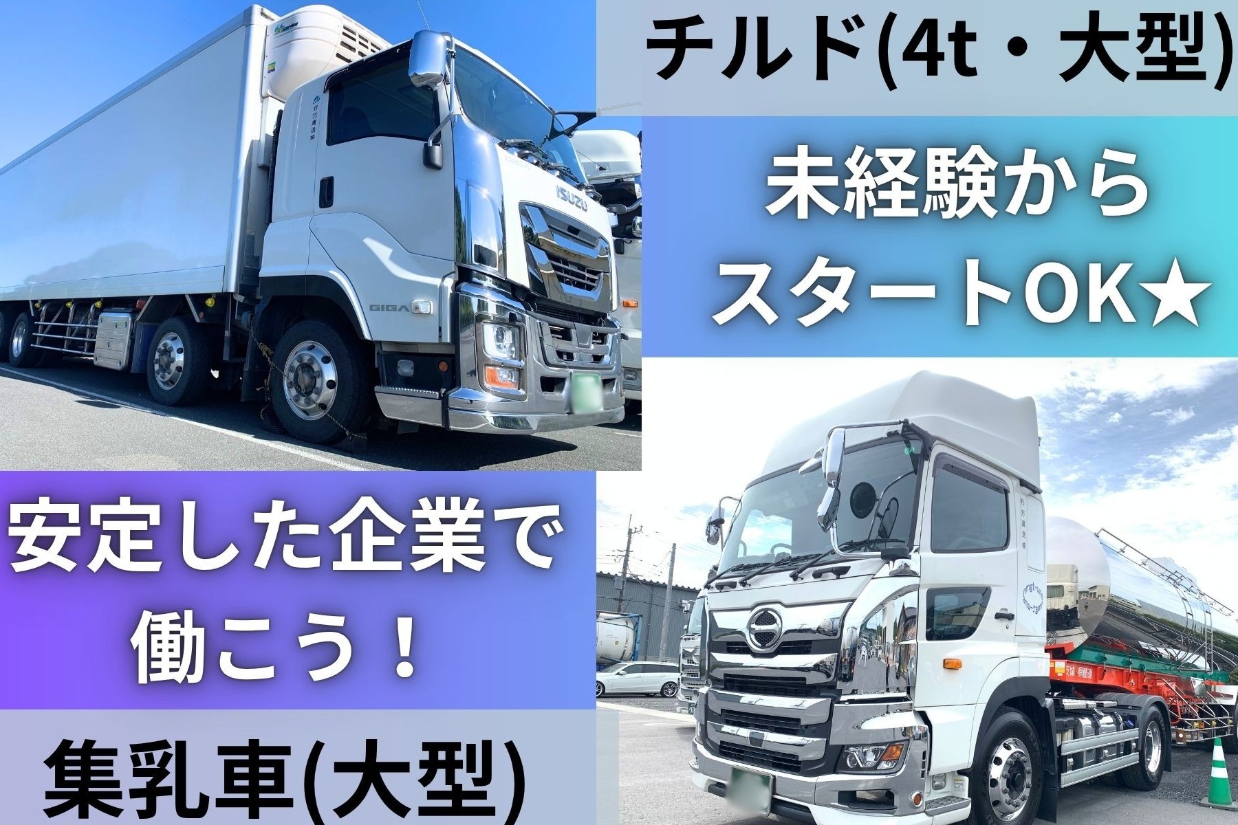 30代~50代活躍中のチルド配送、シニア世代活躍中の生乳ルート集荷。
いずれも未経験者OKです!